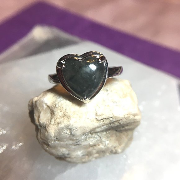 Burmese Black Jade Heart Ring .925 Type A RARE Sterling Silver - Picture 7 of 16